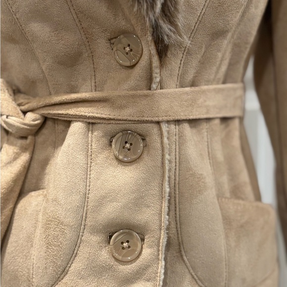 INC FAUX SUEDE & FUR BELTED JACKET WITH EMBROIDERED SLEEVES BEIGE SIZE S - Picture 2 of 9